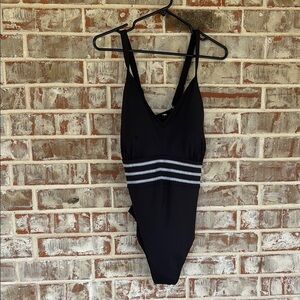 Land’s End Charcoal V-neck Embroidered Crisscross One Piece Swim Suit